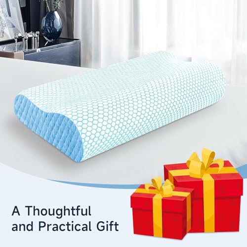 Image of KITCHIVO Memory Foam Pillow, Contour Cervical Orthopedic Memory Foam Pillows Supports Neck Pain and Shoulder Pain for Sleepin Cervical Pillow Neck Support Pillow for Side Back (White & Blue)