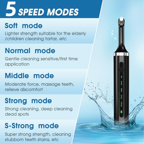 Tooth Polisher - Plaque Remover for Teeth Whitening Dental Tools Electric Tartar Polishing Teeth Cleaning Kit with LED Light 5 Speed Modes with 5 Replacement Brush Heads (Black)