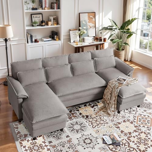 Enobala Comfy Cloud Couch Sectional Sofa with Lumbar Pillows, 105" Modern 4 Seater U Shaped Cloud Sofa with Deep Seat & Double Long Chaise, Sectional Couches for Living Room, or Office, Light Grey