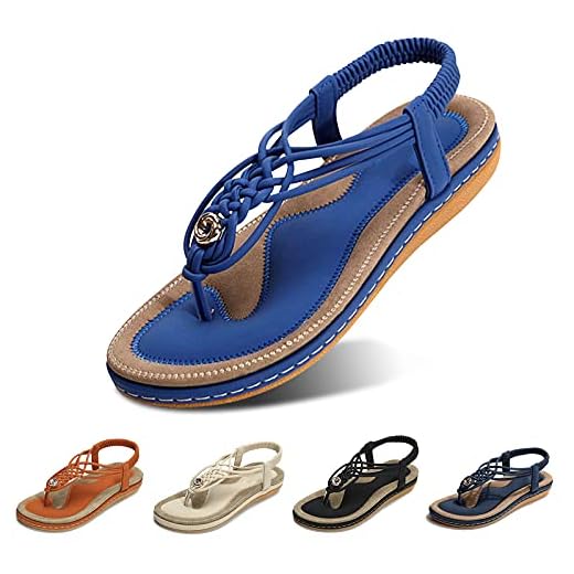 gracosy Sandalias Planas Verano Mujer Estilo Bohemia Zapatos de Dedo Sandalias Talla Grande Cinta Elástica Casuales de Playa Chanclas Romanas de Mujer 2019 Azul Negro Púrpura Rhinestone de Moda