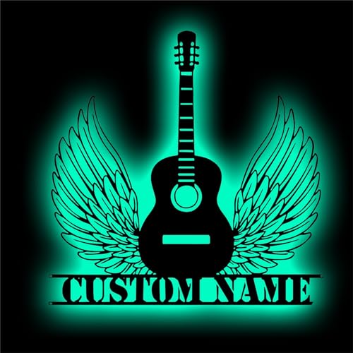 GGUIUIC Custom Guitar Wings Metal Wall Art with Led Lights Personalized Guitar Music Name Neon Sign for Guitar Lovers Music Fans Men Women Music Teacher Guitar Player Gifts,Guitar Metal Sign-12