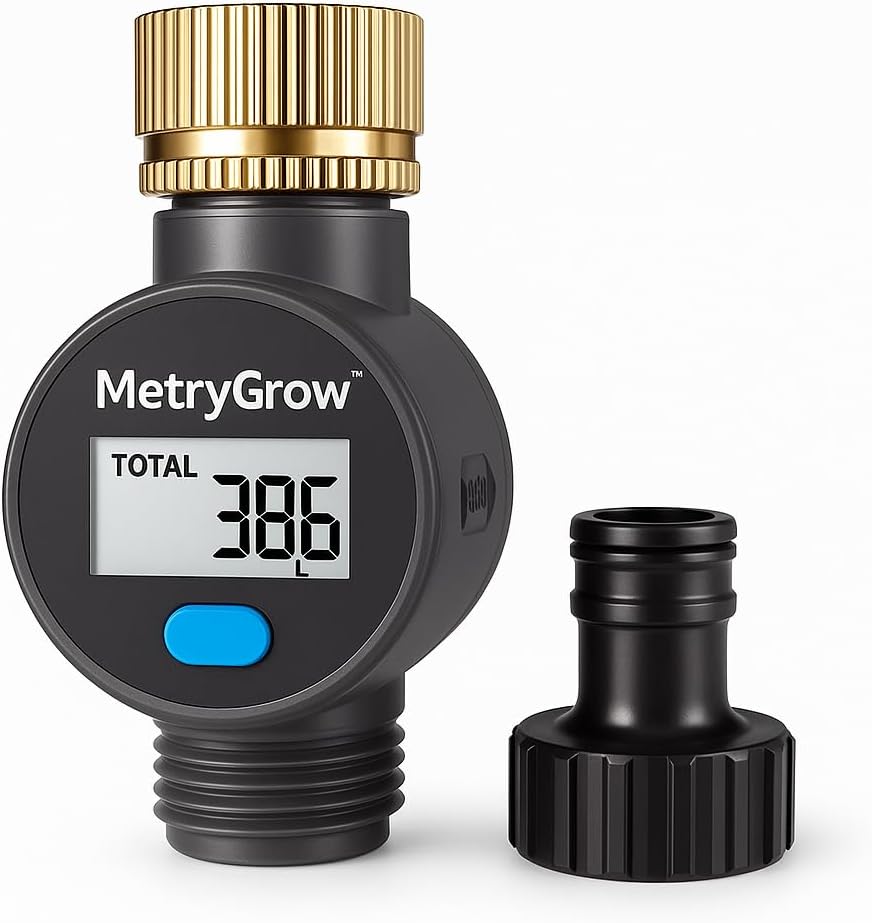 1 Pakc- Water Flow Meter with Brass Inlet, Measuring Gallon/Liter Consumption and Flow Rate for Outdoor Garden Hose Watering, RV Essentials Water Tank Filling, Sprinkler and Nozzle Sprayer