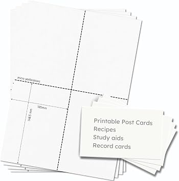 OfficeGear A6 Card [30 sheets -120 Pack] Perforated Printable Flash Card Study Revision Index Refill Record Cards 105 x 148mm 4.1 x 5.8in - 4 Cards per White A4 Sheet 150gsm Free Design Template