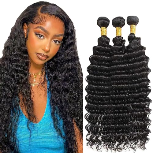 Deep Wave Human Hair Bundles 24 26 28 Inch Natural Black Bundle Human Hair Extension 3 Bundles 50 Gram Per Bundle 150g Total Unprocessed Virgin Hair Color #1B