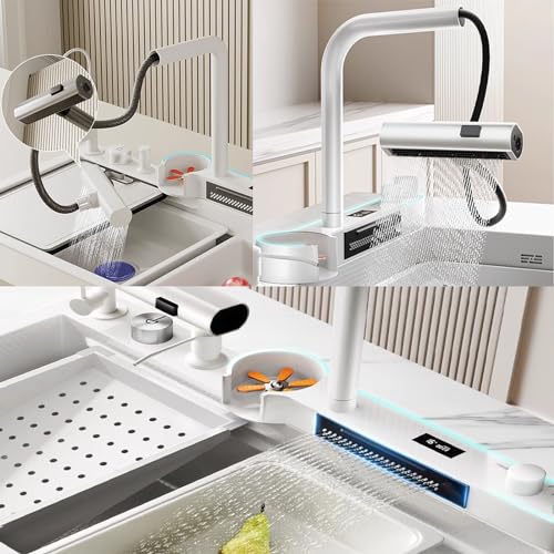 Évier de cuisine LED blanc double cascade en finition premium avec commande sur table intégrée - 4