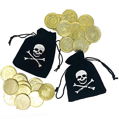 Podzly 12 Pirate Drawstring Bags with Plastic Gold Coins - Pirate Themed Party Favors - Pirate Pouch for Birthday, Costume Party - Great for Decorations, Accessories, Tokens & More (3.5 x 4.5 in)