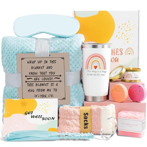 Get Well Soon Care Package for Women, 12 Pcs Deluxe Self-Care Gift Box with Cyan Cozy Blanket, Tumbler, Candle & Spa Feel Better Basket – After Surgery, Thinking of You, Encouragement Recovery Gifts