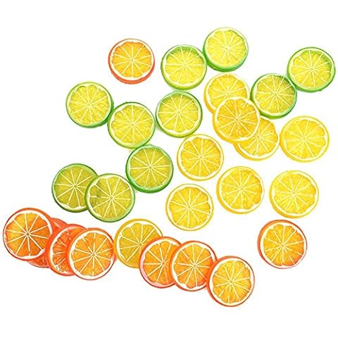 NUOMI 30 Pieces Plastic Lemon Slices Artificial Fake Lemon Props Lifelike Fruit Model for Decoration, Garnish, Photography Props, DIY, Teaching, 5 CM/2 Inch, Orange, Green and Yellow Cover