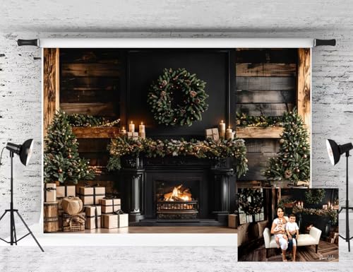 Toile de fond Noël Kate 2,1x1,5m décor sapins cadeaux et cheminée fond bois