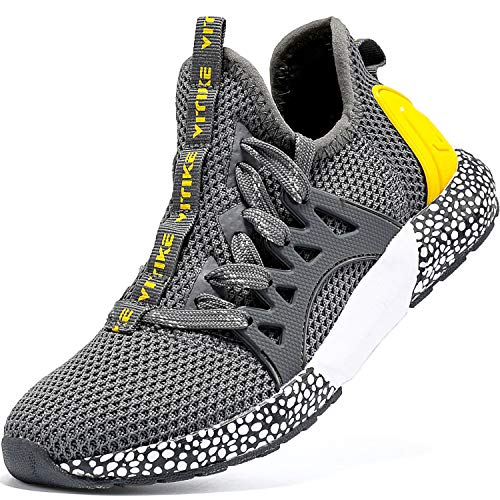 Elaphurus Kinder Sneaker Jungen Sportschuhe Mädchen Hallenschuhe Outdoor Laufschuhe Tennisschuhe für Unisex-Kinder Dunkelgrau Gelb, 30 EU
