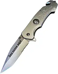 Canivete Tático Semiautomático com Gravação Personalizada, Lâmina em Aço Inox, Cabo em Metal Cinza
