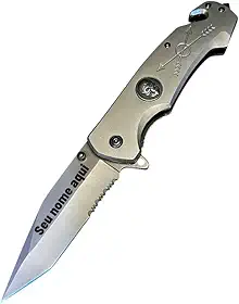 Canivete Tático Semiautomático com Gravação Personalizada, Lâmina em Aço Inox, Cabo em Metal Cinza