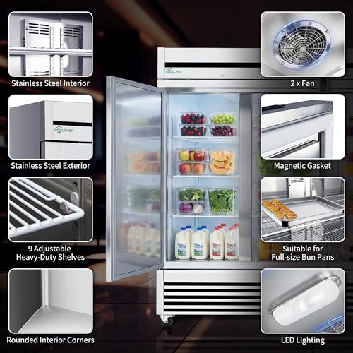 Image of COOLCHEF 81 inch Commercial Refrigerator 72 Cu.Ft, Stainless Steel 3-Door Reach-in Fridge, 33-40℉, Air Cooling, LED Light, 9 Shelves, R290, ETL