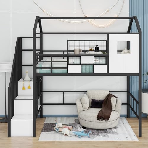 SOFTSEA Twin Size Metal Loft Bed with Roof Design and a Storage Box,House Shaped Loft Bed for Kids, No Box Spring Needed, Black