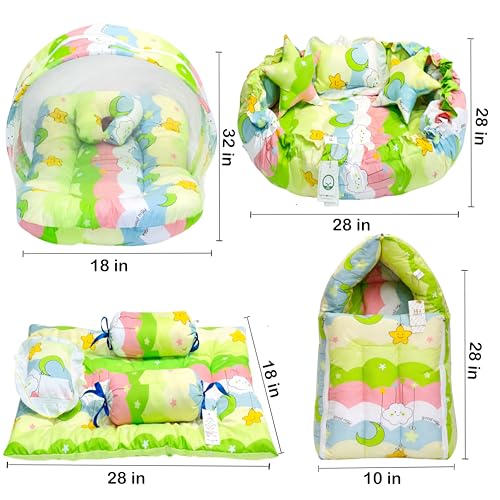 Image of Fareto Combo of Baby Nest | Net with Bed | Carry Bag | 4 Pcs Bedding Set(0-6 Months) (Fullset Nest) (New Star Green)