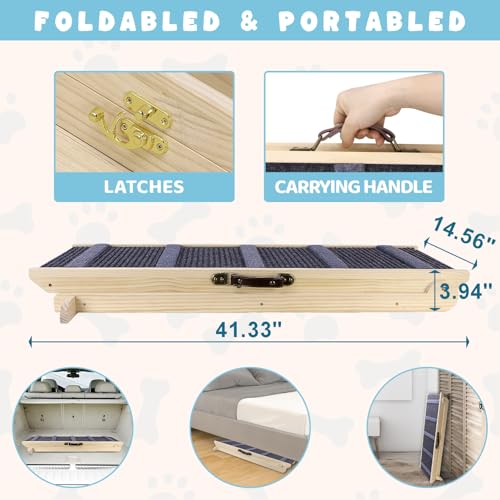 Dog Ramp for Bed, 6 Adjustable Height from 13.8" to 25.6", Folding Portable Wooden Pet Ramp for Small Dogs - Non-Slip High Traction Dog Ramp for High Bed Couch and Car Up to 200lbs - Image 6