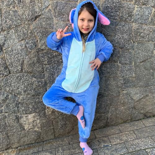 Stitch Macacão Kigurumi Pijama Roupa Fantasia Cosplay Inverno Infantil Oficial Disney Tamanho:9 a 10 anos;Cor:Azul