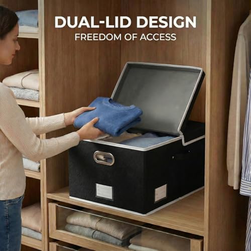 Image of PRANDOM Storage Boxes with Lids [3-Pack] Fabric Collapsible Storage Bins Organizer Containers Baskets Cube with Cover for Home Bedroom Closet Office Nursery Black（23.4X15.9X11.5