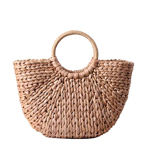 EROUGE Natural Chic Straw Bag Hand Woven Round Handle Handbags Retro Summer Beach Bag Beach Bag, Brown 3, One Size