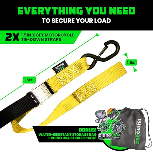 Image of Rhino USA Motorcycle Tie Down Straps (2 Pack) Lab Inspected 2,200lb Break Strength, Steel Cambuckle Tiedown Set with Integrated Soft Loops - Better Than a Ratchet Strap (YLW 2-Pack)
