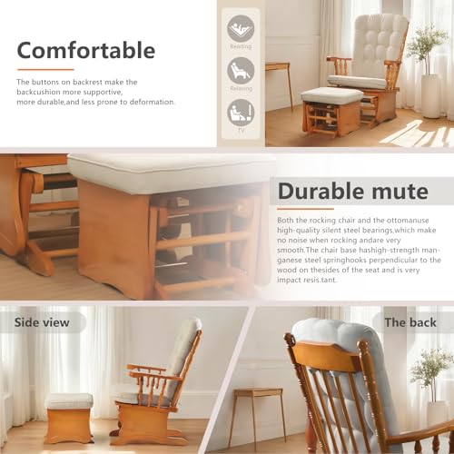 Image of Solid Wood Anti-Pinching Rocking Glider Chair with Ottoman Cushion Set, Nursery Rocking Chair for Living Room Bedroom Reading Room, Honey