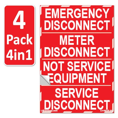 RED 4 Pack (4in1 Label) NEC Compliant Emergency Service Meter Disconnect NOT Service Equipment Generator Bilingual Laminated Label Sticker Electrical Panel 44-944-945