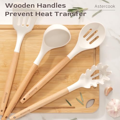 Image of Astercook Kitchen Utensils set, 39 PCS Silicone Cooking Utensils Set with Wooden Handle, 446F Heat Resistant Food Grade Utensil Sets, BPA Free Kitchen Gadgets Tools Set for Nonstick Cookware (Cream)