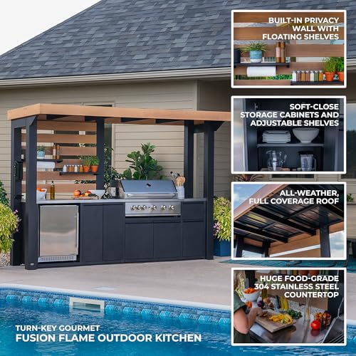 Backyard Discovery Fusion Flame Galvanized Steel Covered Outdoor Kitchen with 5-Burner Stainless, Grill, Refrigerator, Countertop, Storage, and, Roof for All-Season Outdoor Cooking, electric - image 6