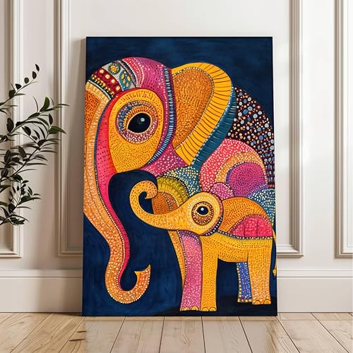 Image of PAINTINGMANTRA Gond Art of Elephants Wall Decor Print Multicolor | Canvas Painting Stretched on Wood | Suits For Living Room, Bedroom, Hallways (16x22 Inch)