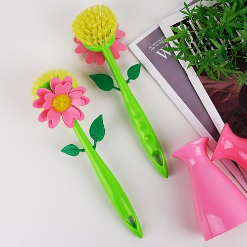 Image of Long Handle Flower Pot Brush, Florganic Dish Brush with Vase, Long Handle Dish Brushs Kitchen, for Cleaning Pot Pan Sink Kitchen Supplies Decorative Vase (2Pcs Pink)
