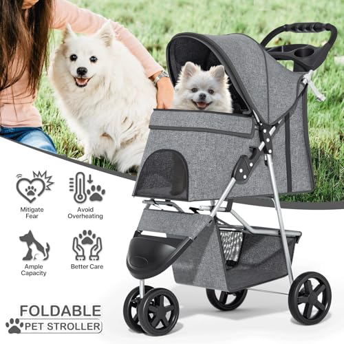 Image of MoNiBloom 3 Wheels Pet Dog Cat Stroller for Small Medium Dogs and Cats, Lightweight Foldable Jogger Stroller w /Storage Basket and Cup Holder, Gray