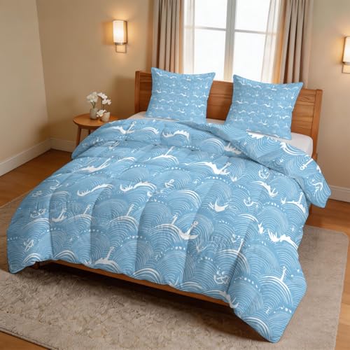 Edredón marino moderno 240 x 260 cm, cálido y suave, edredón acolchado de línea de ancla geométrica azul para estudiantes adolescentes adultos, edredón lavable a máquina y 2 fundas de almohada para