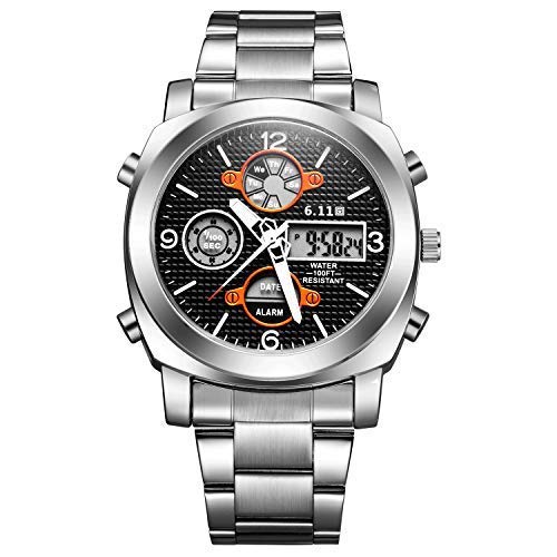 Sailine - Reloj multifunción para Hombre con Doble Movimiento y 2 Zonas horarias con Piel auténtica, Sumergible hasta 30 m (Orange)