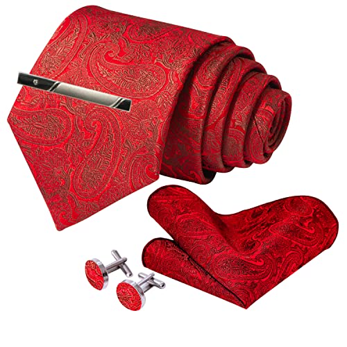 Tie and Pocket Square Sets in Scarlet Red Paisley, Silk Tie Handkerchief Cufflinks