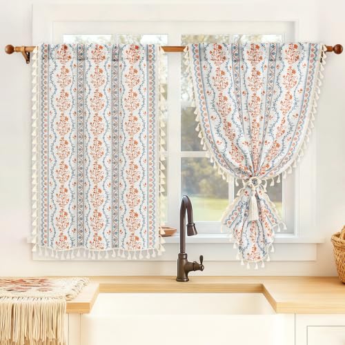 Image of Yinhua Boho Kitchen Curtains 36 Inch Length Vintage Linen Cafe Curtains Light Filtering Bohemian Floral Tier Rod Pocket Farmhouse Rustic Tassel Small Drapes with Tiebacks, 2 Panels, Blue Orange Floral