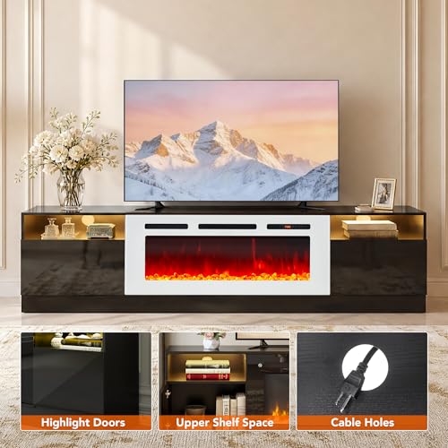 Image of MXV 90 inch Fireplace TV Stand for TVs Up to 100 inch, LED Light Entertainment Center with 50 inch Electric Fireplace, Modern Wood Texture TV Media Console with Highlight Storage Cabinet, Black+White