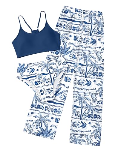 Image of NECIOUS Girls Swimsuit, 3 Piece Bikini Bathing Suit Tropical Floral Swimwear with Cover Up Pants 7-16Y