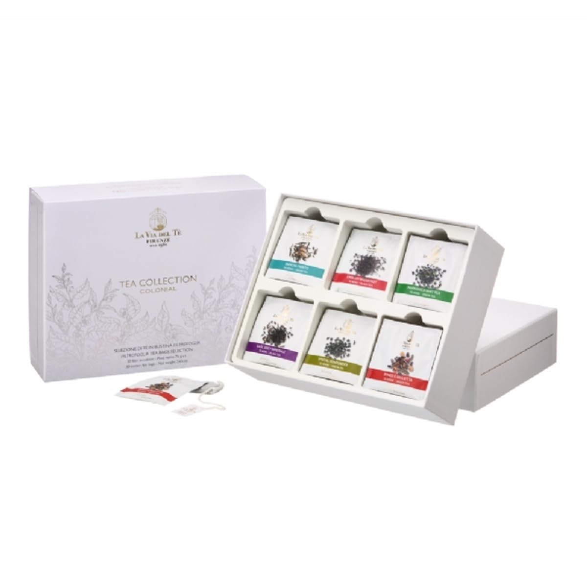 Tea Collection Colonial- La via del Tè Firenze, Selezione di 30 Tè in bustina - Miscele Profumate - confezione regalo bianca con particolori dorati ed argentati