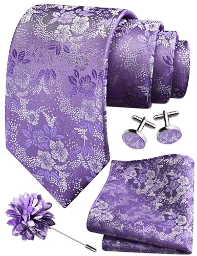Image of GUSLESON 3.15 inch（8cm） Mens Floral Tie and Lapel Pin Necktie Hankerchief Cufflinks Set for Men