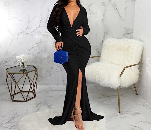 Image of Women's Elegant Formal Mermaid Maxi Dress Off Shoulder Long Sleeve Wedding Split Evening Gown Prom Cocktail Party Dresses