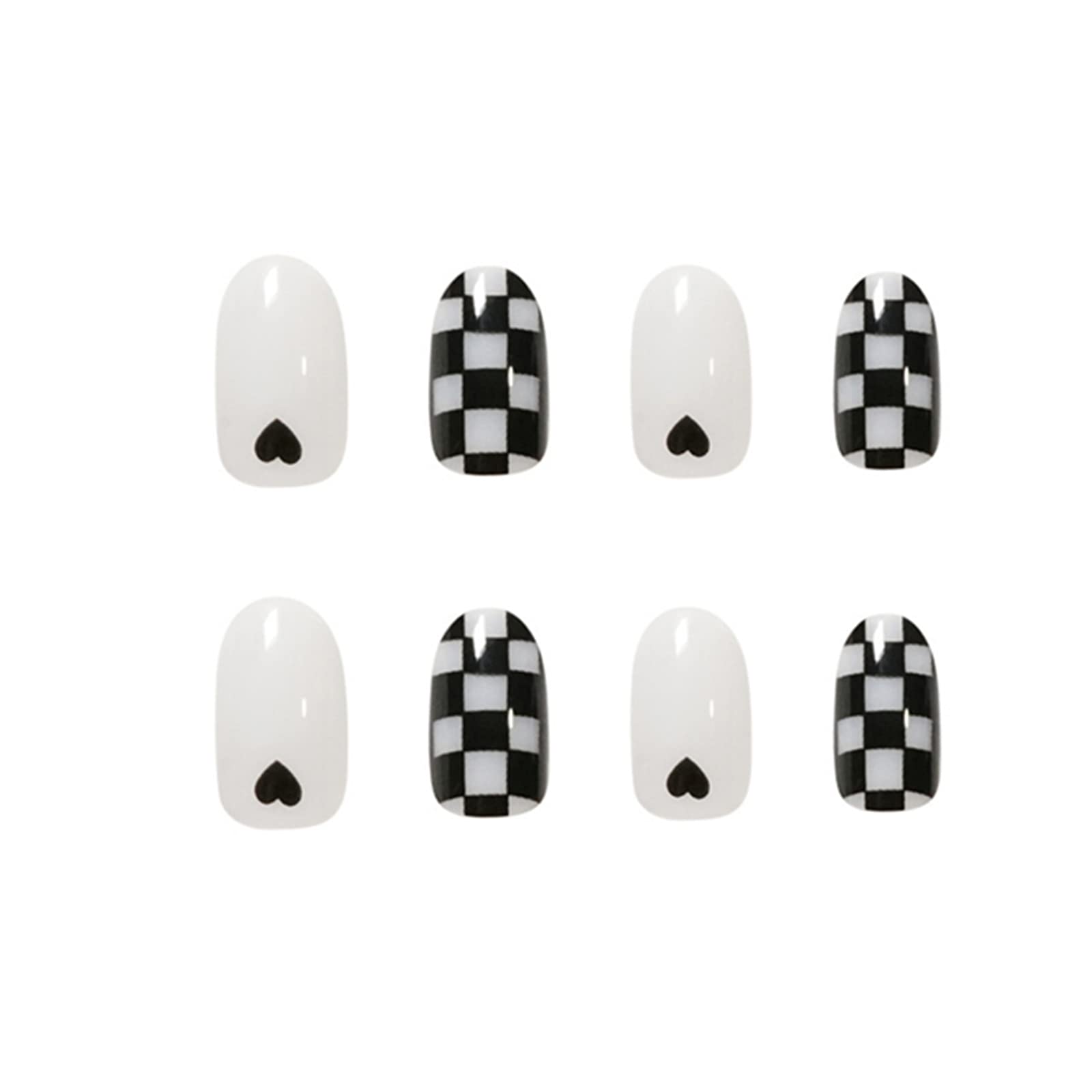 Falsche Nägel, kurz, scharf, vollständig deckend, Kleber enthalten, Herz und Schachbrett, zum Aufdrücken der Nägel, 24 Stück Nail Art Tip mit Box für Nagelstudios und DIY-Nagelkunst für Frauen