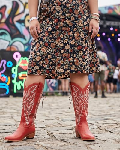 Image of Uillnoodu Wide Calf Cowboy Boots Women Adjustable Lace Up Knee High Tall Plus Size Cowgirl Boots Western Style Comfortable 2-Inch Heel