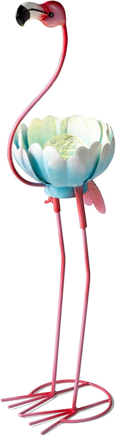 Glitzhome Solar Flamingo Garden Statue, 26.25 Inch Metal Outdoor Solar Light with Colorful Sculpture and Blue Bowl, Weather-Resistant Solar-Powered Decor for Yard, Patio, Lawn
