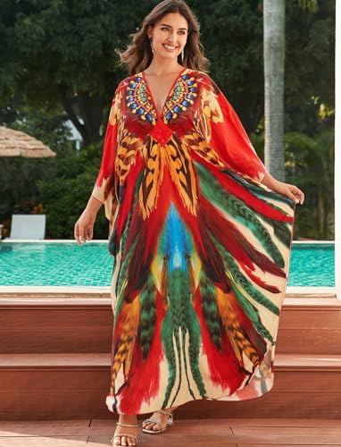 Image of KECVOT Kaftan Dresses for Women Plus Size Batwing Sleeve Caftans Long Bathing Suit Cover Up Maxi Beach Dress Loungewear