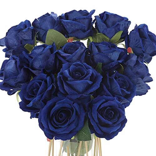 Cloudecor 15Pcs Fake Roses Velet Roses Long Stem Artificial Flowers Silk Flowers for Home Wedding Decoration (Round Roses,Royal Blue) - Image 4