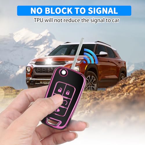 Image of QBUC for Chevy Key Fob Cover with Keychain Fit for Chevrolet Equinox Buick Camaro Cruze Malibu Impala Sonic Full Protection (Black /Pink)