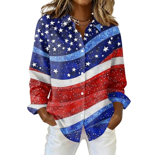NBXNZWF 250 Anniversary USA Shirt Women Long Sleeve Button Down American Flag Shirts 4th of July Patriotic Tops Blouses 2026 American Shirt for Woman