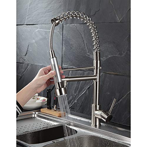 Fapully Contemporary Spring Single Handle Kitchen Sink Faucet with Pull Down Sprayer, Brushed Nickel - Thumbnail 3