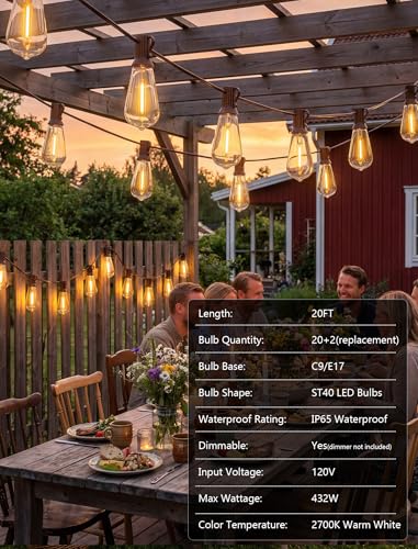 Image of 20FT ST40 LED Outdoor String Lights, Vintage Edison Patio Lights with 22 Shatterproof Bulbs, Waterproof Hanging Outdoor Lights for Backyard Porch Deck Bistro Garden, Warm White 2700K, Brown Wire