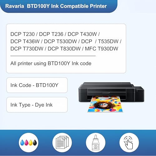 Image of BTD100Y Compatible Ink for Brother Printer DCP-T236 DCP-T230 DCP-T436W DCP-T430W DCP-T535DW DCP-T530DW DCP-T730DW DCP-T830DW MFC-T930DW (BTD100Y Yellow Ink 2 Pcs)